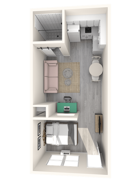 Floor plan for 1 bed, 1 bath, 330 sqft